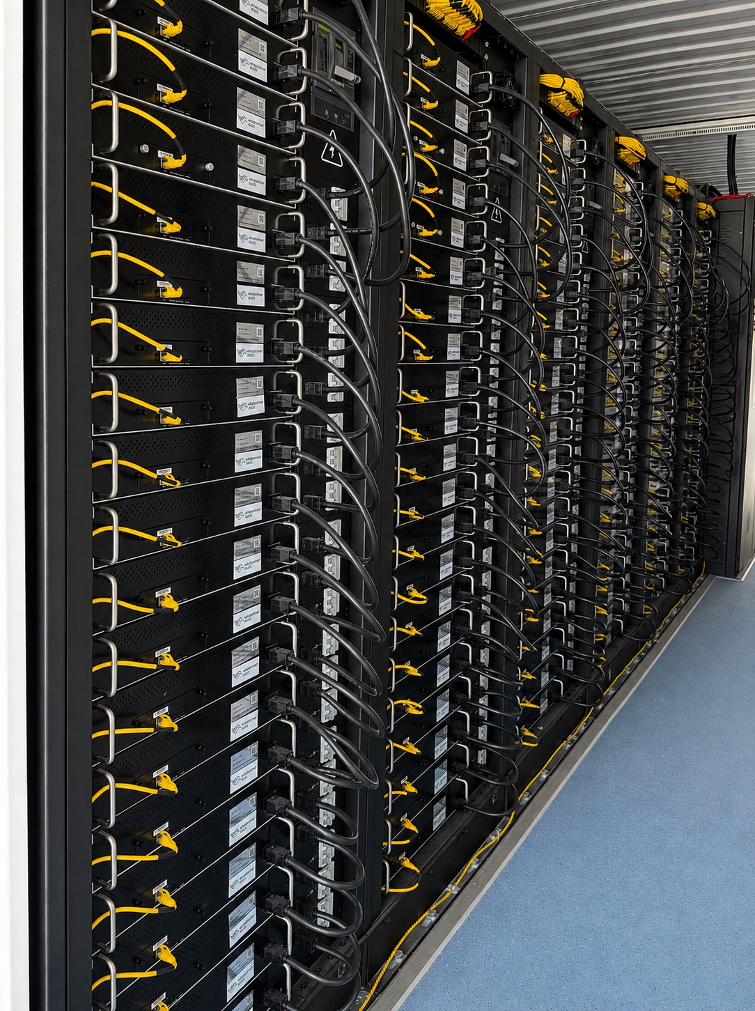 Rows of high-density computing equipment and network cabling