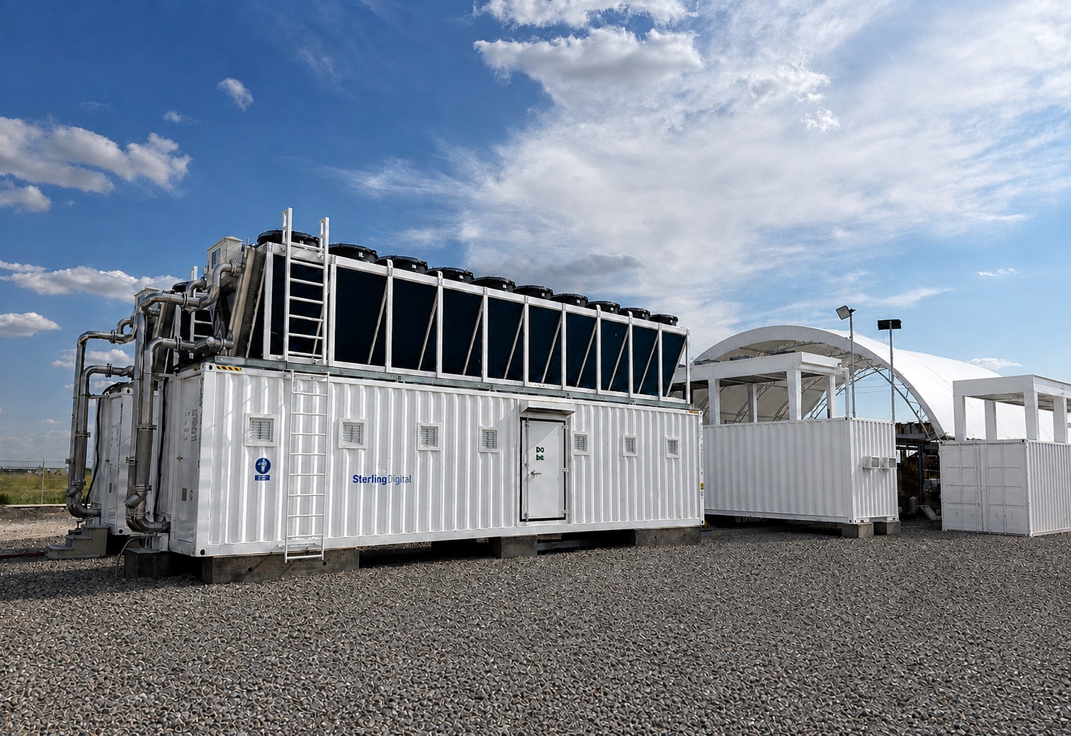 Sterling Digital modular cooling plant beneath a blue West Texas sky